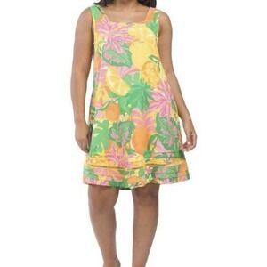C&C California Dress Women's Large Linen Blend Tropical Floral Beach Lemon Print